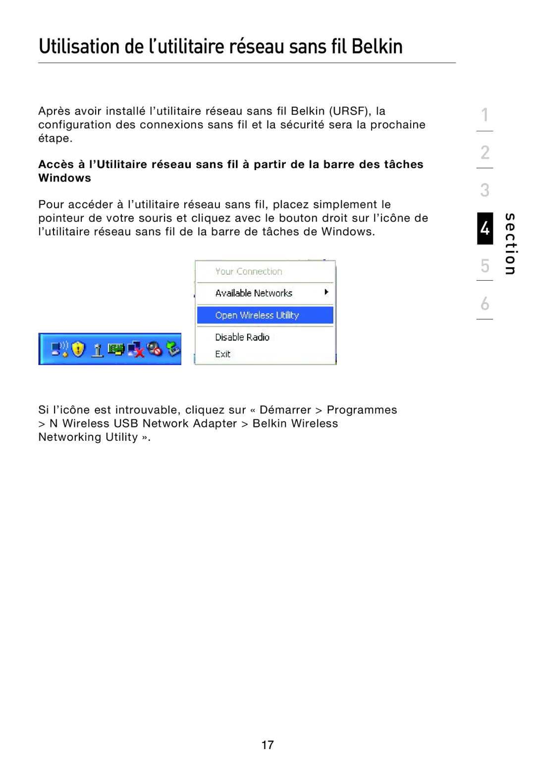 Belkin F5D8053EA user manual Utilisation de l’utilitaire réseau sans fil Belkin 