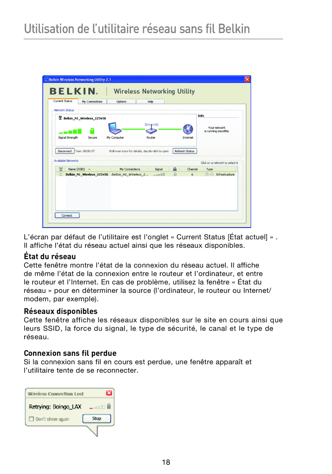 Belkin F5D8053EA user manual Utilisation de l’utilitaire réseau sans fil Belkin, État du réseau, Réseaux disponibles 