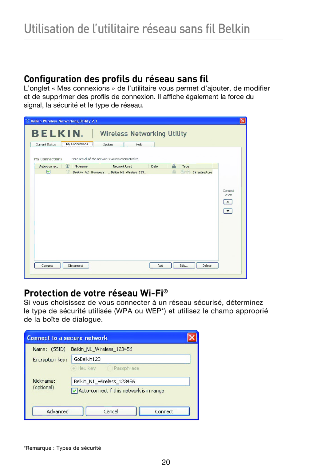 Belkin F5D8053EA user manual Configuration des profils du réseau sans fil, Protection de votre réseau Wi-Fi 