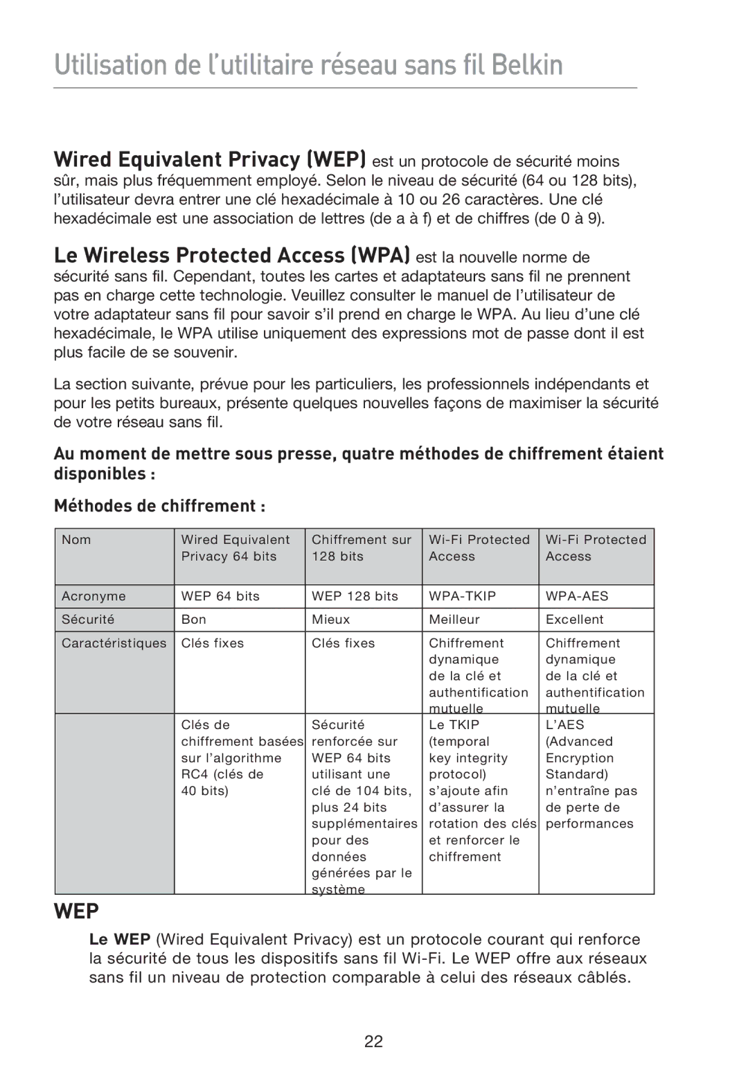 Belkin F5D8053EA user manual Le Wireless Protected Access WPA est la nouvelle norme de, ’Aes 