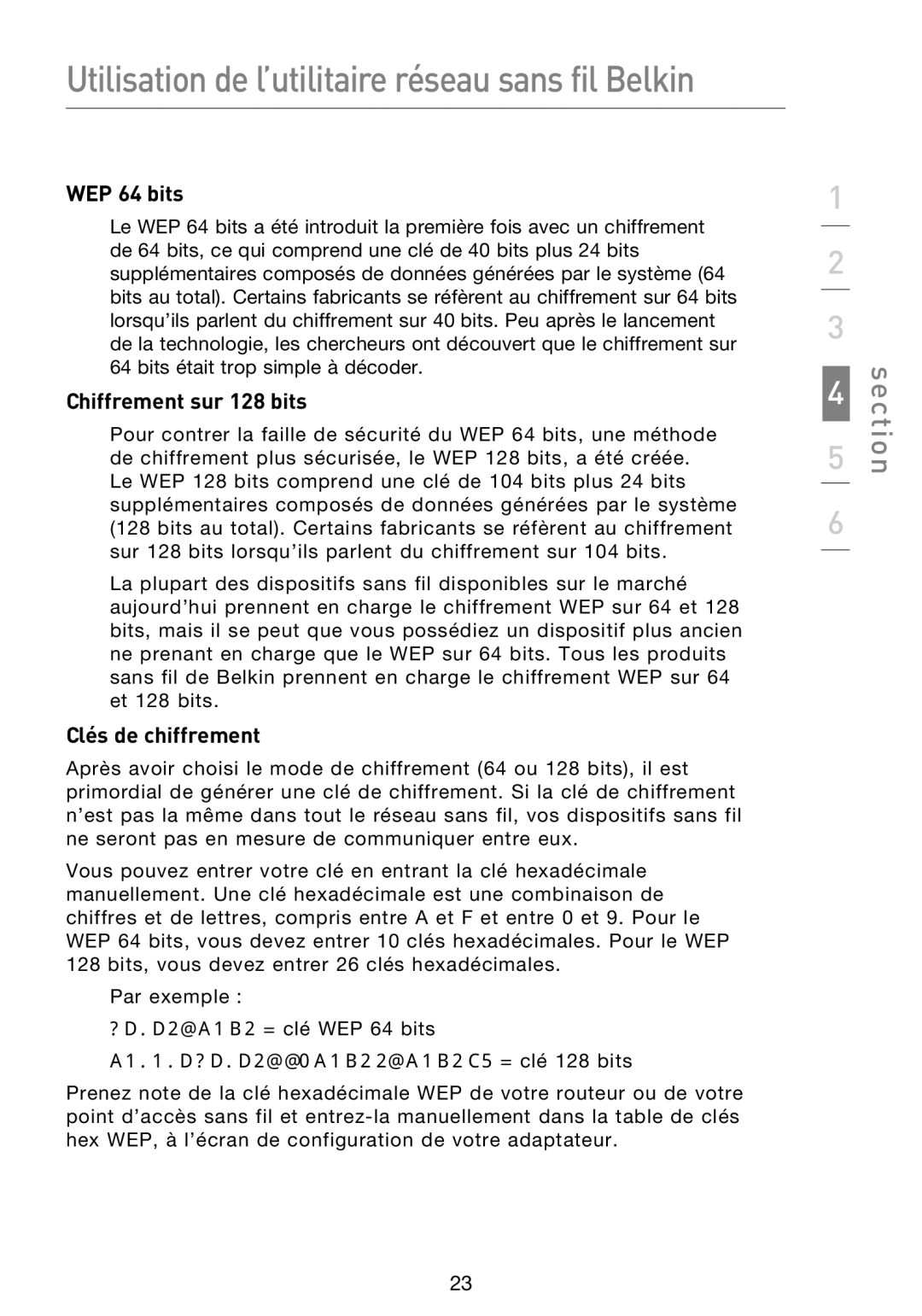 Belkin F5D8053EA user manual WEP 64 bits, Chiffrement sur 128 bits, Clés de chiffrement 