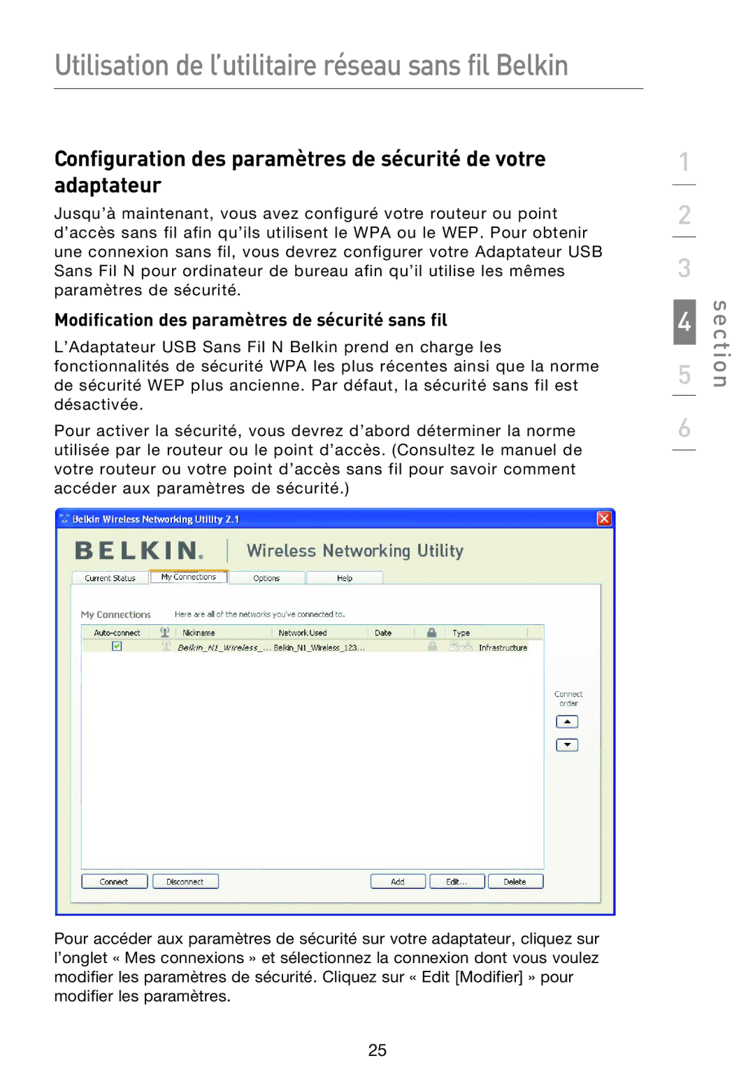 Belkin F5D8053EA user manual Configuration des paramètres de sécurité de votre adaptateur 