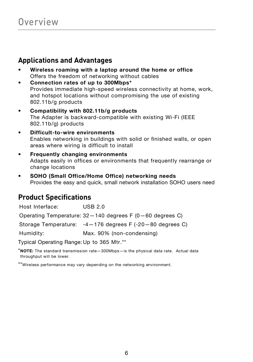 Belkin F5D8053EA user manual Overview, Applications and Advantages, Product Specifications 