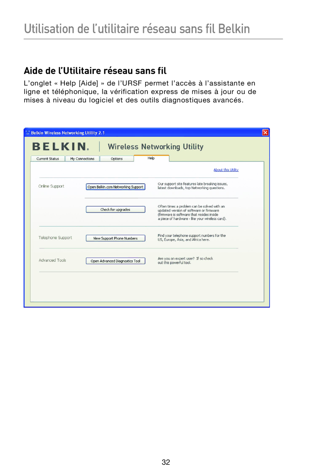 Belkin F5D8053EA user manual Aide de l’Utilitaire réseau sans fil 