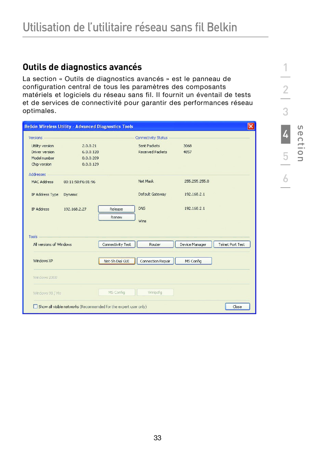 Belkin F5D8053EA user manual Outils de diagnostics avancés 