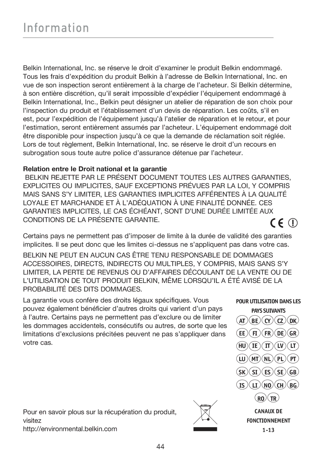 Belkin F5D8053EA user manual Information, Relation entre le Droit national et la garantie 