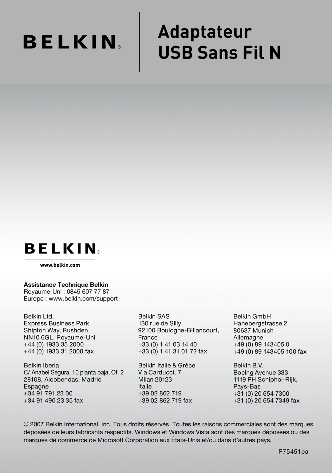 Belkin F5D8053EA user manual Assistance Technique Belkin 