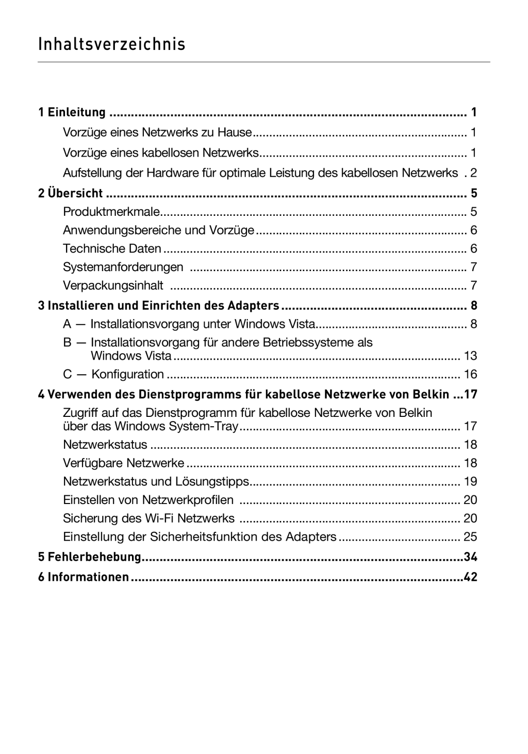 Belkin F5D8053EA user manual Einleitung, Übersicht, Installieren und Einrichten des Adapters, Fehlerbehebung Informationen 