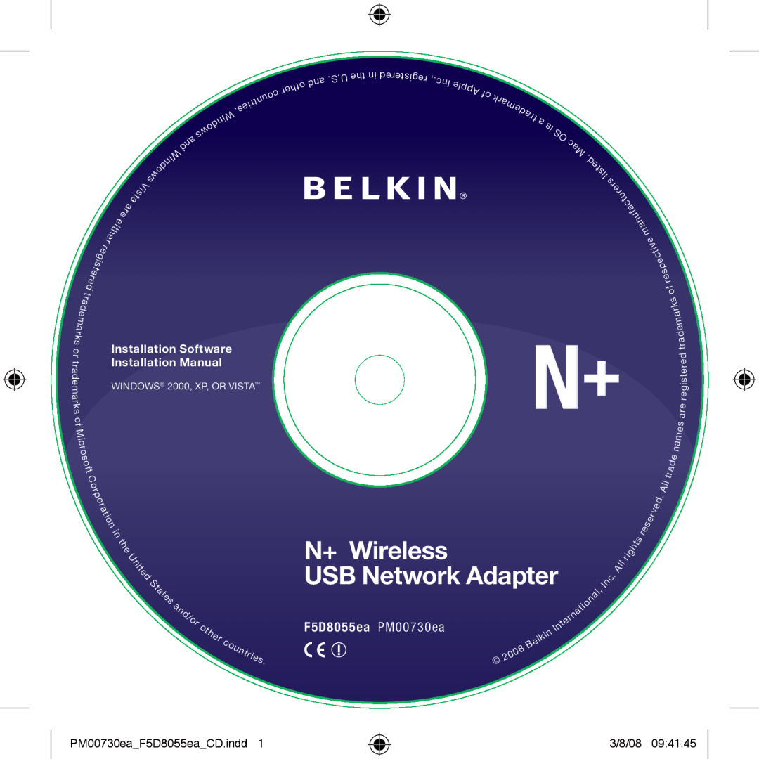 Belkin PM00730EA, F5D8055EA installation manual N+ Wireless USB Network, Adapter 