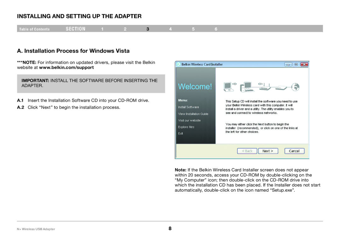 Belkin F5D8055tt, PM00730tt user manual Installing and Setting UP the Adapter, Installation Process for Windows Vista 