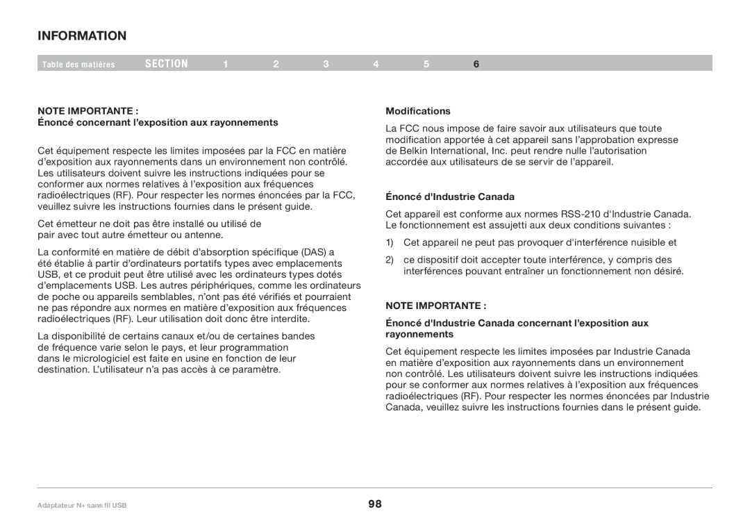 Belkin F5D8055tt, PM00730tt user manual Énoncé concernant l’exposition aux rayonnements, Énoncé dIndustrie Canada 