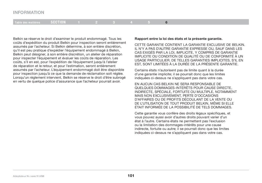 Belkin PM00730tt, F5D8055tt user manual Rapport entre la loi des états et la présente garantie 