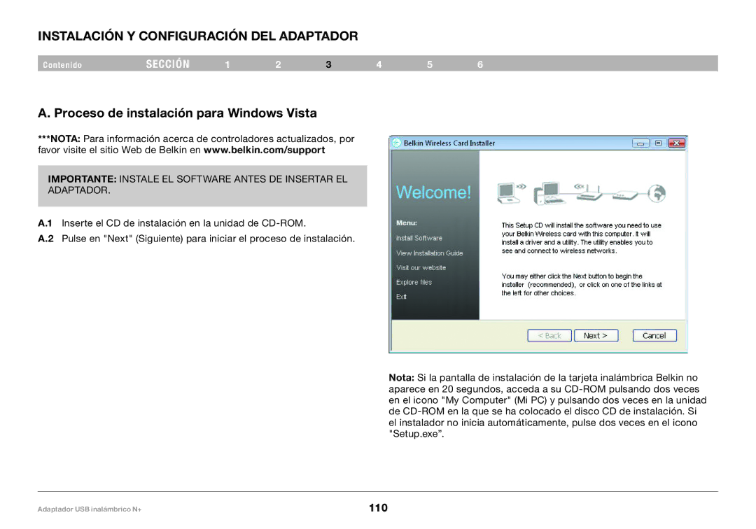 Belkin F5D8055tt, PM00730tt user manual Instalación Y Configuración DEL Adaptador, Proceso de instalación para Windows Vista 