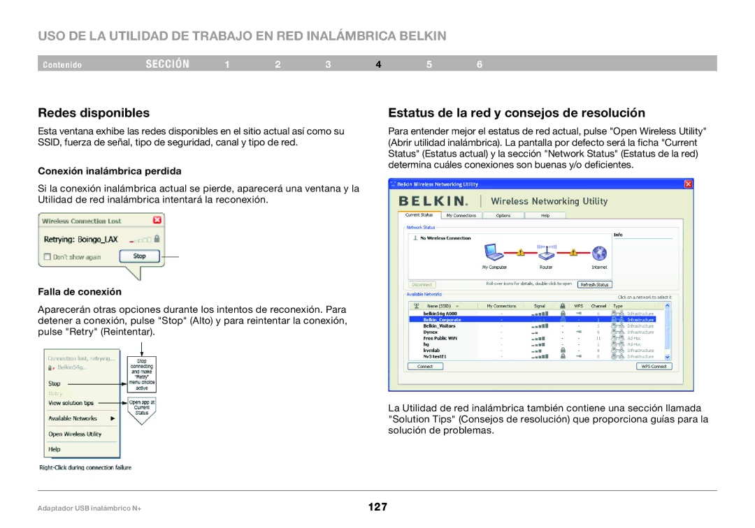 Belkin PM00730tt, F5D8055tt Redes disponibles, Estatus de la red y consejos de resolución, Conexión inalámbrica perdida 