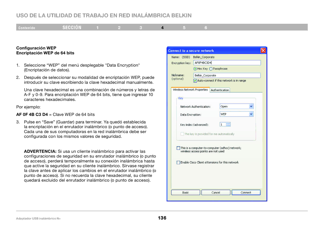 Belkin F5D8055tt, PM00730tt user manual Configuración WEP Encriptación WEP de 64 bits 