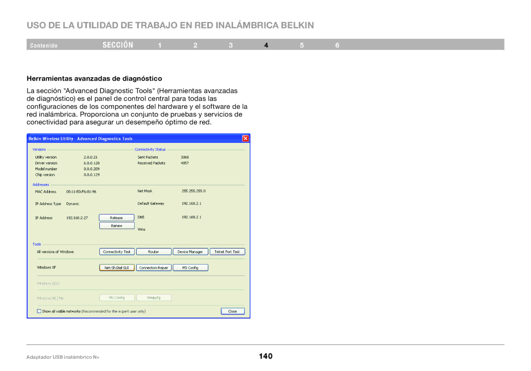 Belkin F5D8055tt, PM00730tt user manual Herramientas avanzadas de diagnóstico 