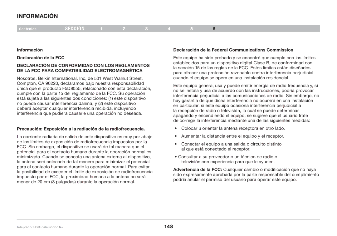 Belkin F5D8055tt Información Declaración de la FCC, Precaución Exposición a la radiación de la radiofrecuencia 