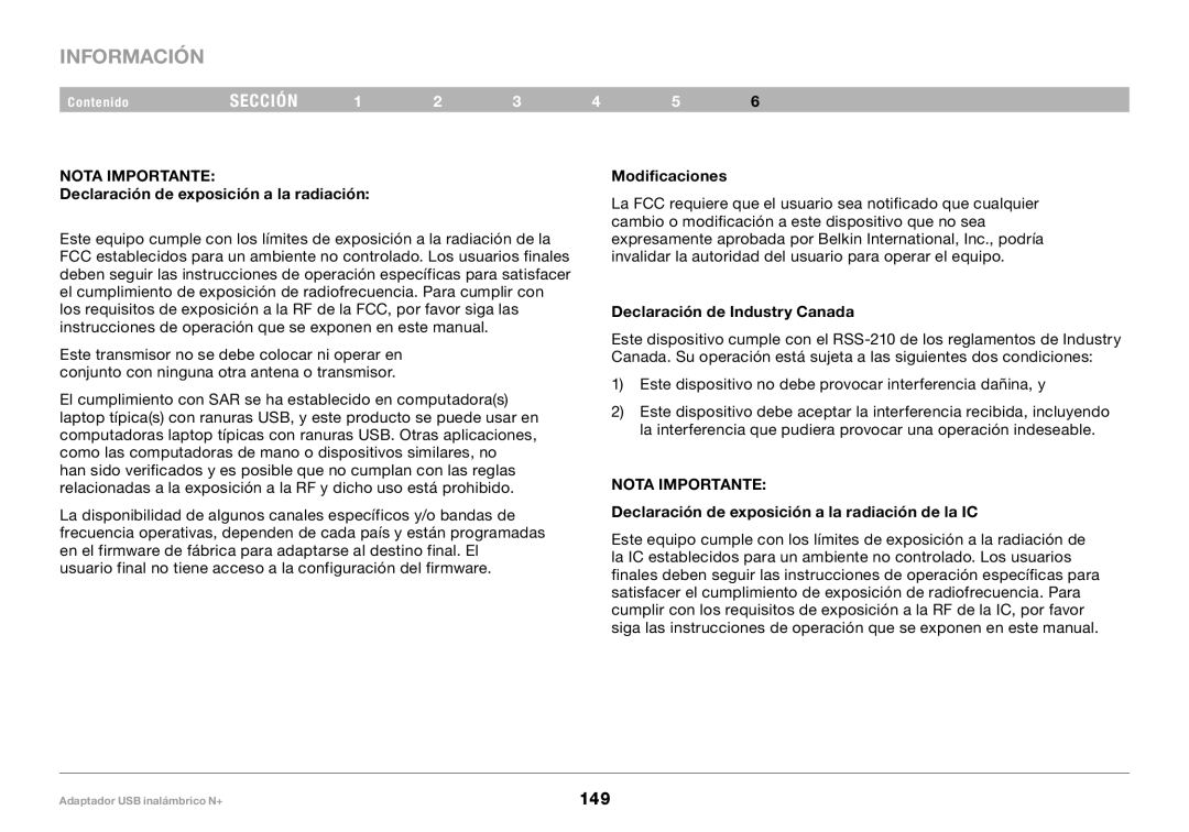 Belkin PM00730tt, F5D8055tt Declaración de exposición a la radiación, Modificaciones, Declaración de Industry Canada 