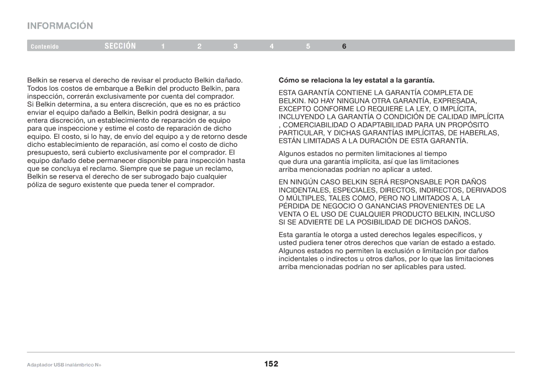 Belkin F5D8055tt, PM00730tt user manual 152, Cómo se relaciona la ley estatal a la garantía 