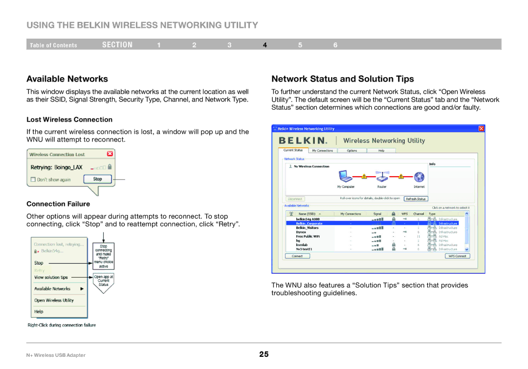 Belkin PM00730tt Available Networks, Network Status and Solution Tips, Lost Wireless Connection, Connection Failure 