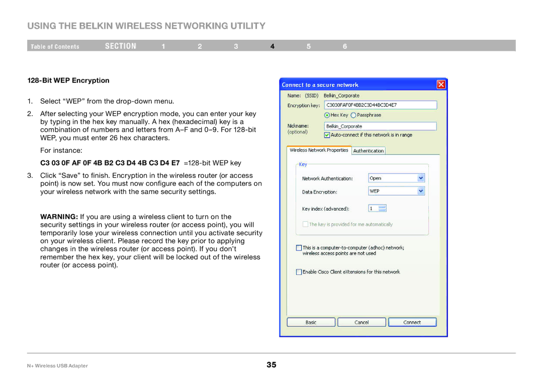 Belkin PM00730tt, F5D8055tt user manual C3 03 0F AF 0F 4B B2 C3 D4 4B C3 D4 E7 =128-bit WEP key 