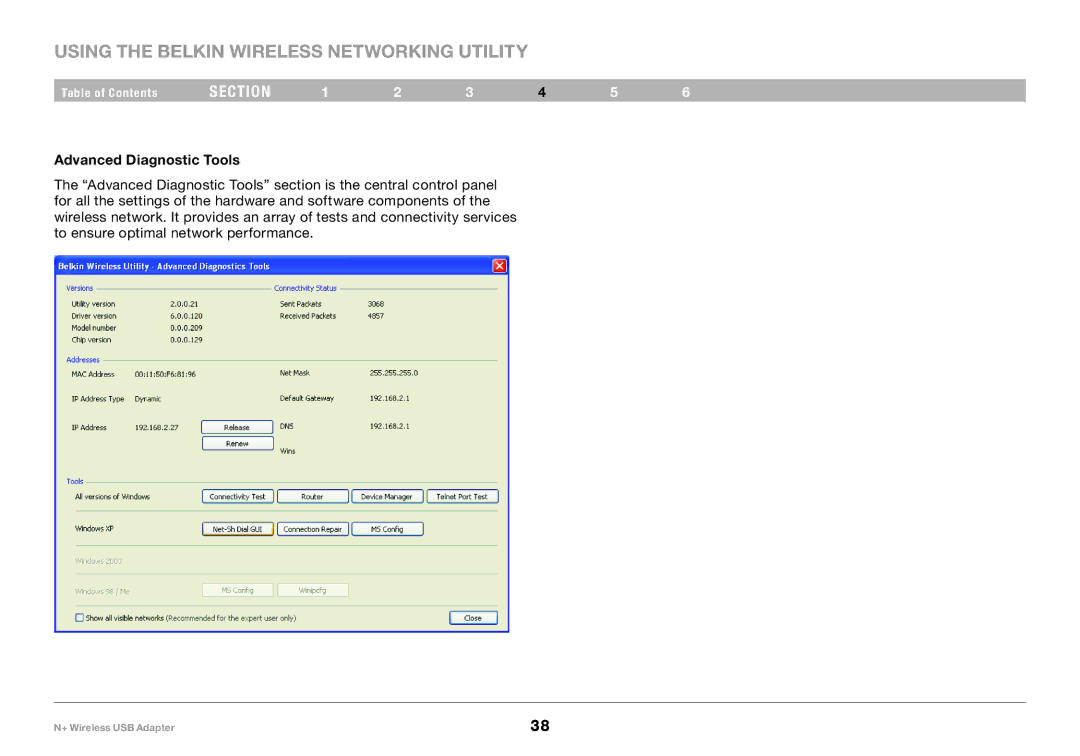 Belkin F5D8055tt, PM00730tt user manual Advanced Diagnostic Tools 