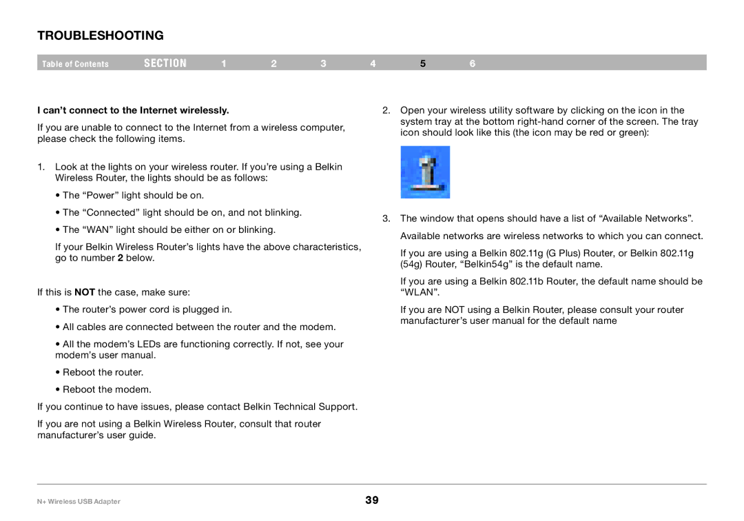 Belkin PM00730tt, F5D8055tt user manual Troubleshooting, Can’t connect to the Internet wirelessly 