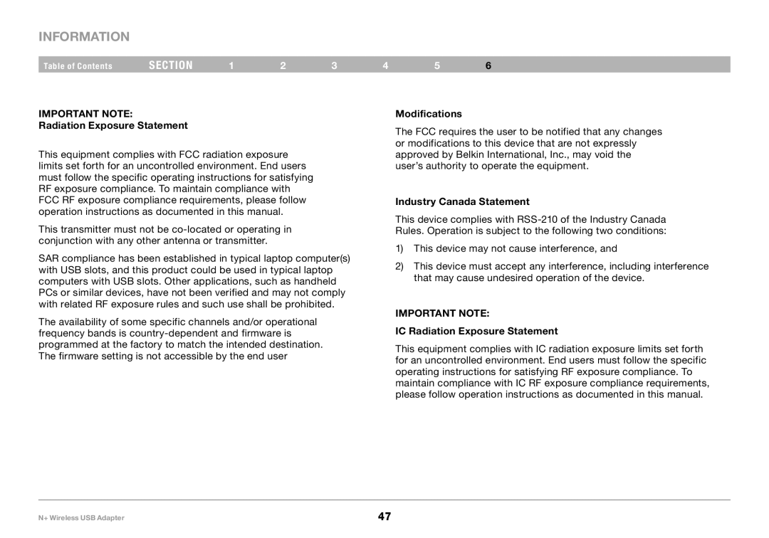 Belkin PM00730tt, F5D8055tt user manual Modifications, Industry Canada Statement, IC Radiation Exposure Statement 