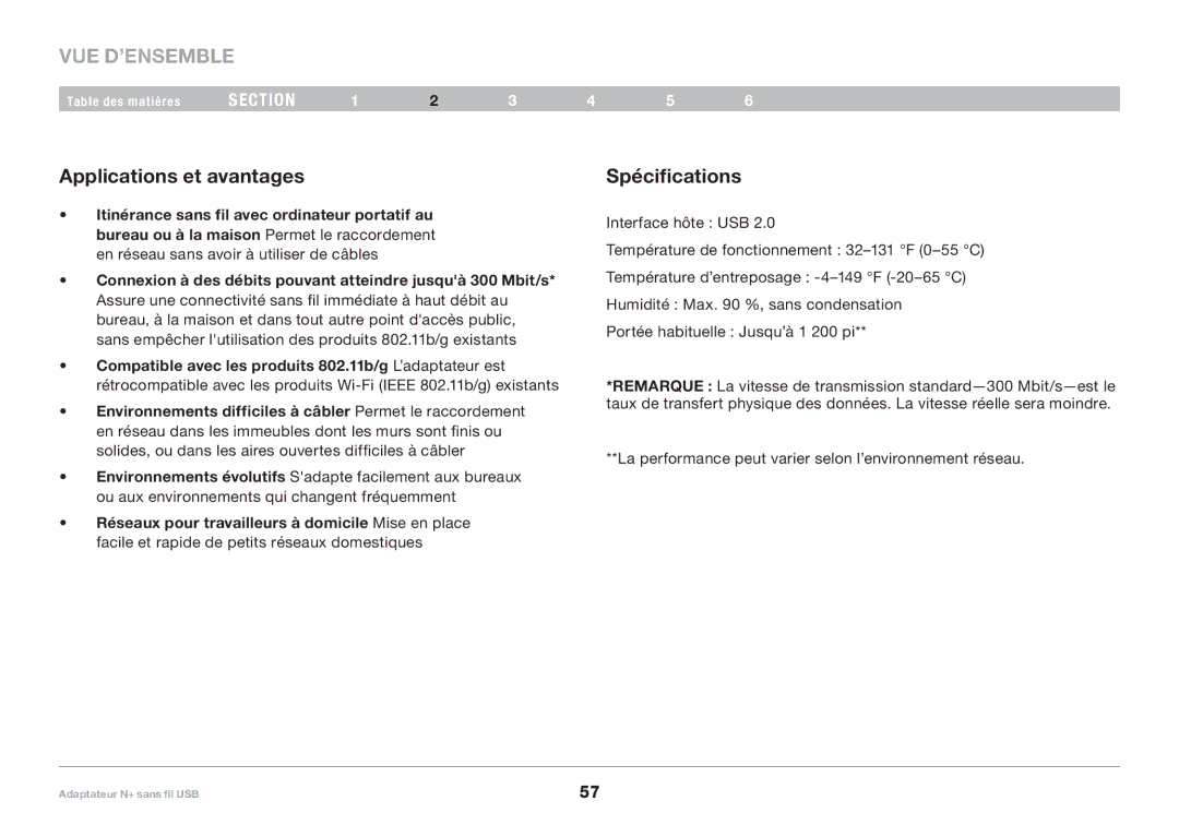 Belkin PM00730tt, F5D8055tt user manual Applications et avantages, Spécifications 