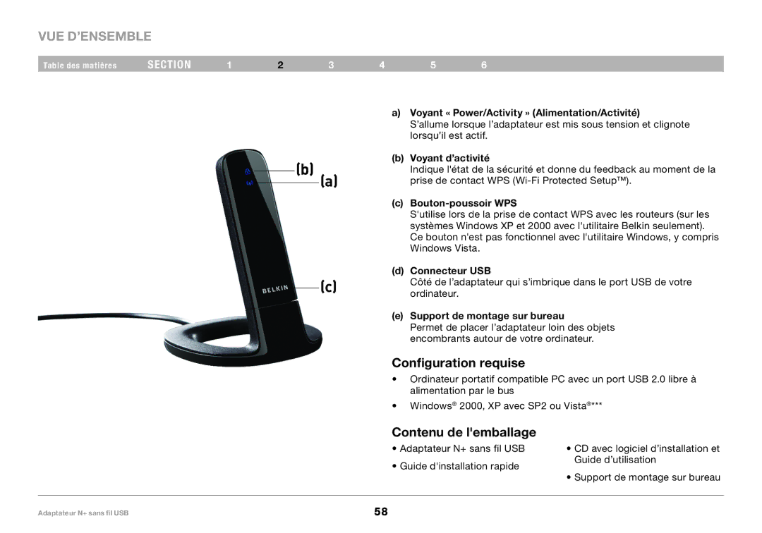 Belkin F5D8055tt, PM00730tt user manual Configuration requise, Contenu de lemballage 