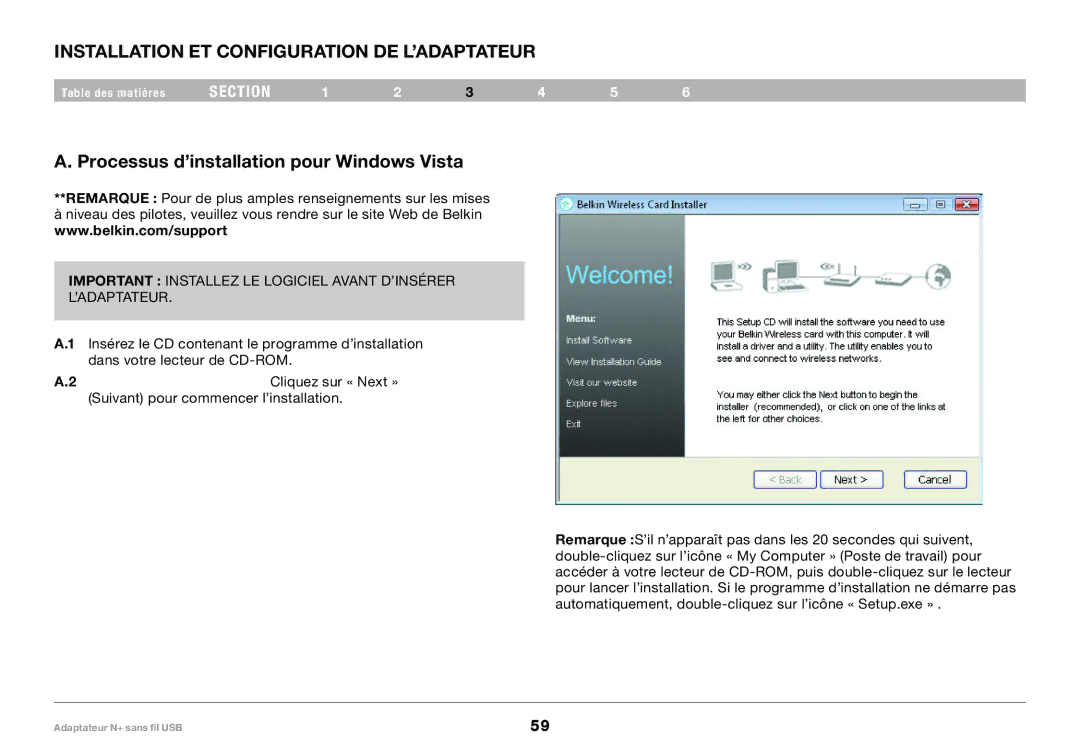 Belkin PM00730tt, F5D8055tt Installation ET Configuration DE L’ADAPTATEUR, Processus d’installation pour Windows Vista 