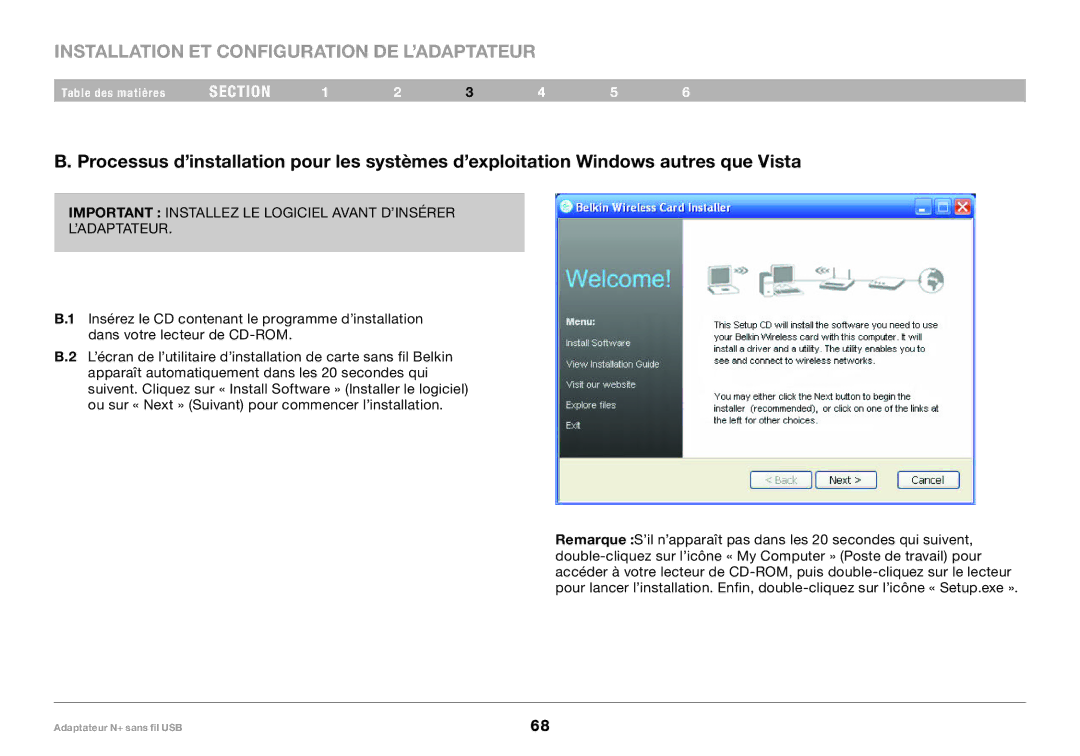 Belkin F5D8055tt, PM00730tt user manual Important Installez LE Logiciel Avant D’INSÉRER ’ADAPTATEUR 