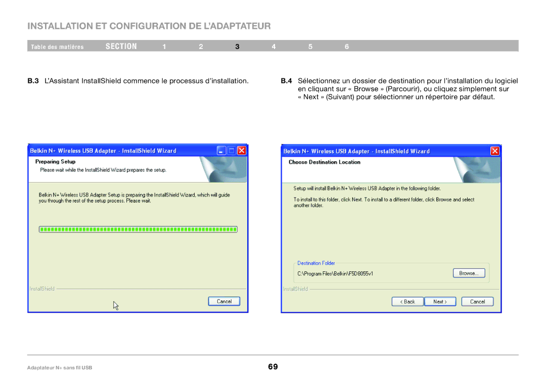 Belkin PM00730tt, F5D8055tt user manual Installation ET Configuration DE L’ADAPTATEUR 