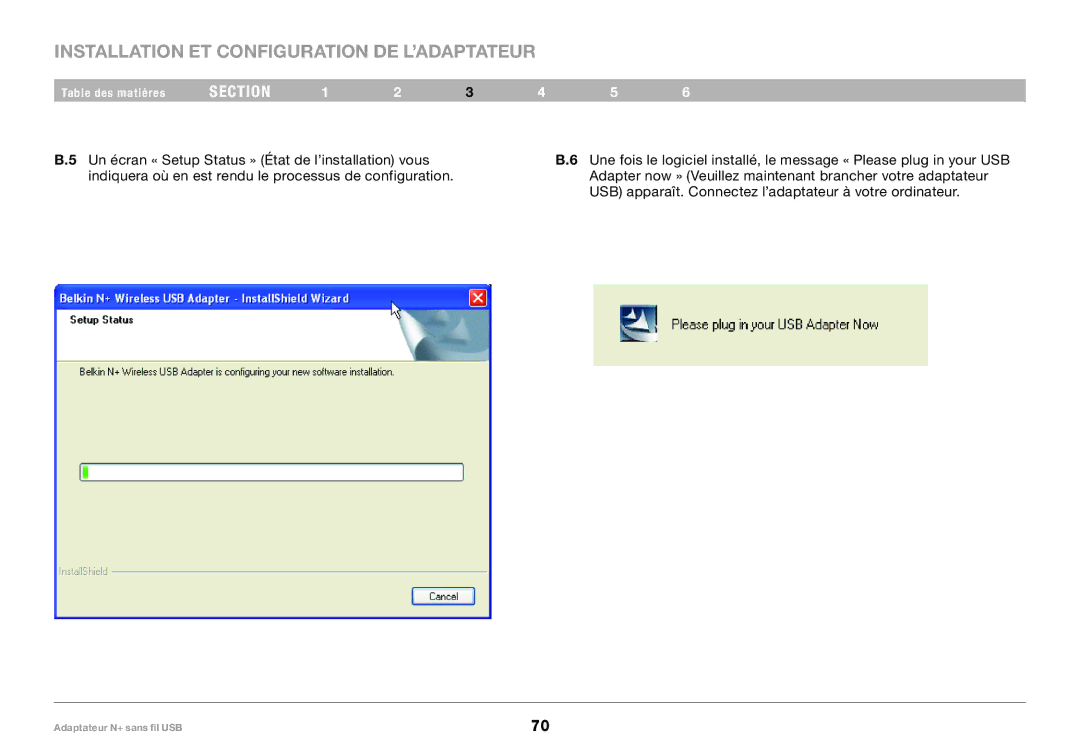 Belkin F5D8055tt, PM00730tt user manual Installation ET Configuration DE L’ADAPTATEUR 