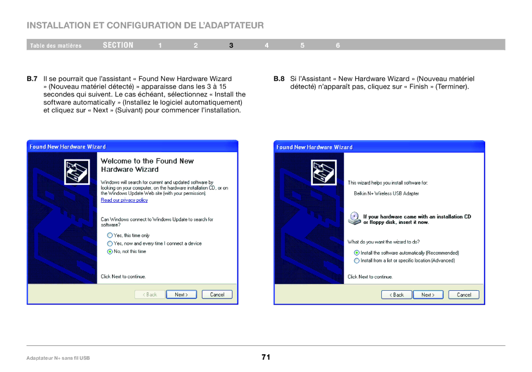 Belkin PM00730tt, F5D8055tt user manual Installation ET Configuration DE L’ADAPTATEUR 