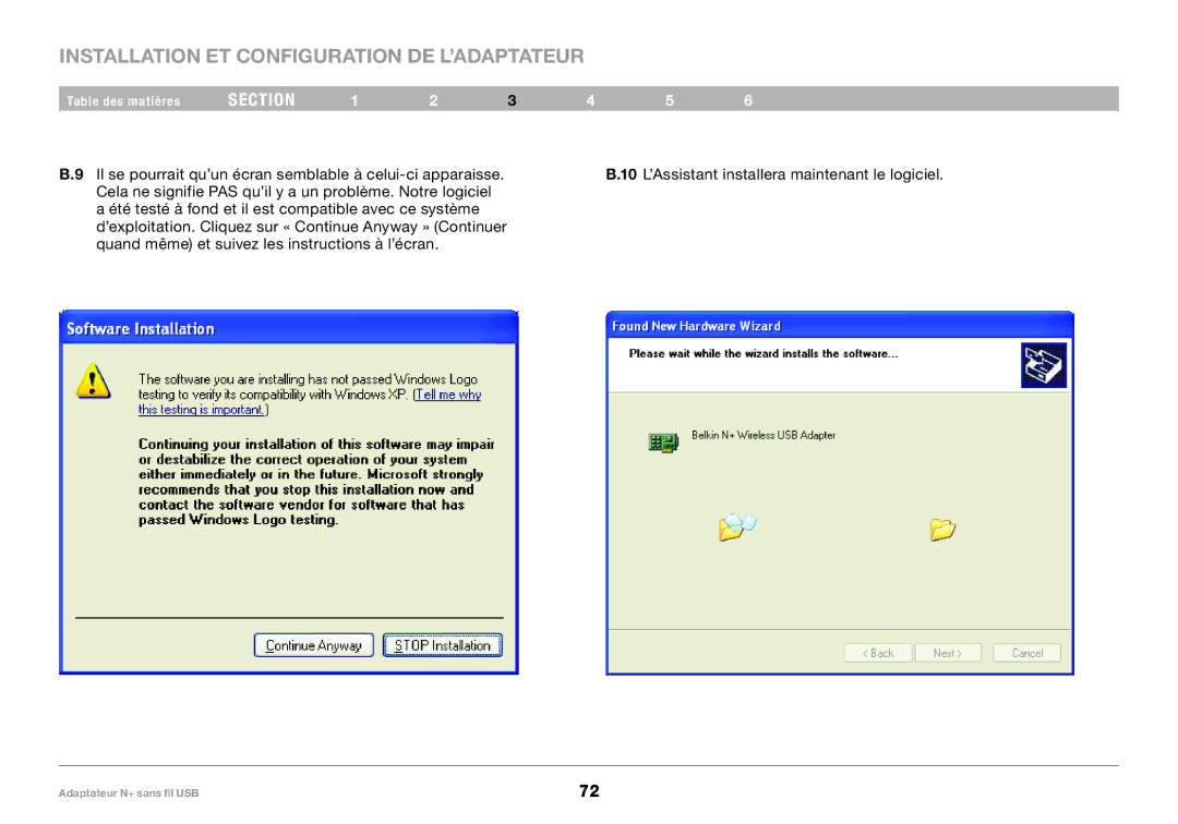 Belkin F5D8055tt, PM00730tt user manual Installation ET Configuration DE L’ADAPTATEUR 