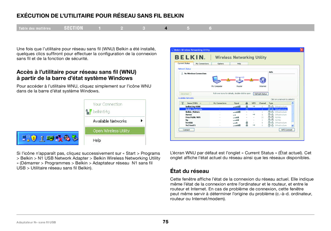 Belkin PM00730tt, F5D8055tt user manual Exécution DE L’UTILITAIRE Pour Réseau Sans FIL Belkin, État du réseau 