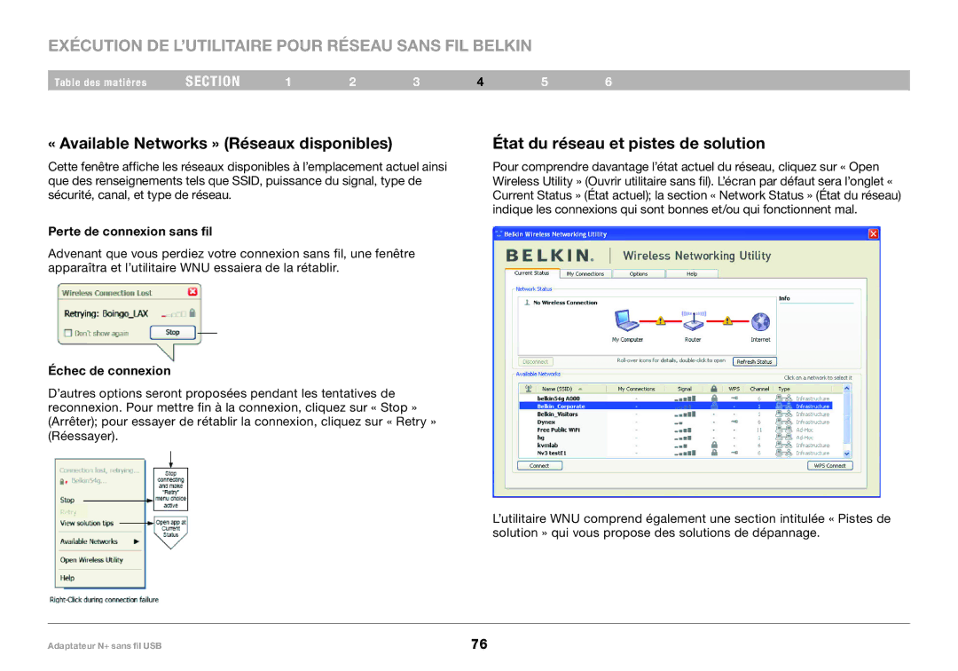 Belkin F5D8055tt « Available Networks » Réseaux disponibles, État du réseau et pistes de solution, Échec de connexion 