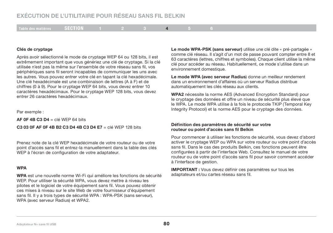 Belkin F5D8055tt, PM00730tt user manual Clés de cryptage, C3 03 0F AF 0F 4B B2 C3 D4 4B C3 D4 E7 = clé WEP 128 bits 