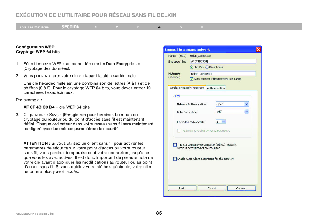 Belkin PM00730tt, F5D8055tt user manual Configuration WEP Cryptage WEP 64 bits 