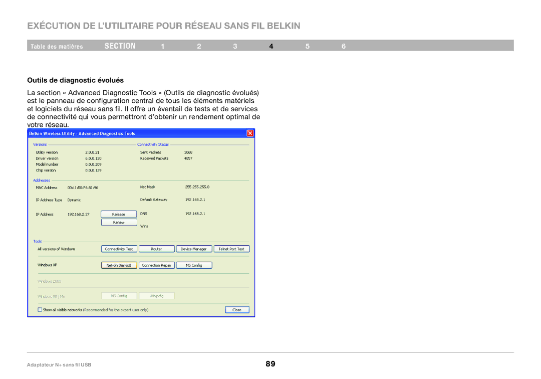 Belkin PM00730tt, F5D8055tt user manual Outils de diagnostic évolués 