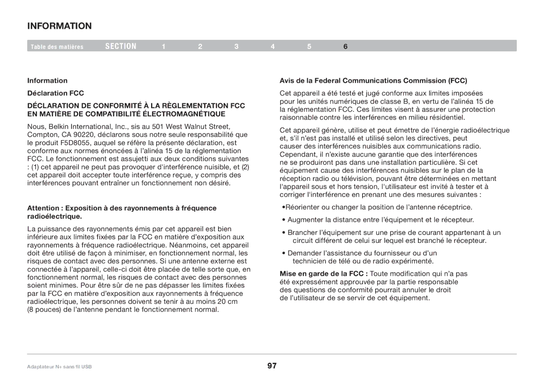 Belkin PM00730tt, F5D8055tt user manual Information Déclaration FCC, Avis de la Federal Communications Commission FCC 