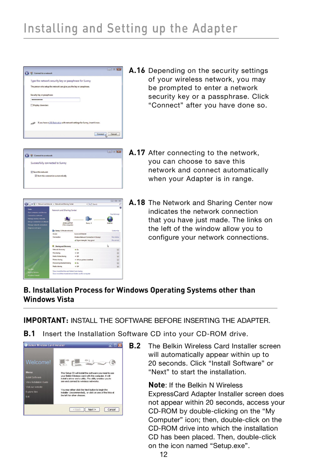 Belkin F5D8073 user manual Important Install the Software Before Inserting the Adapter 