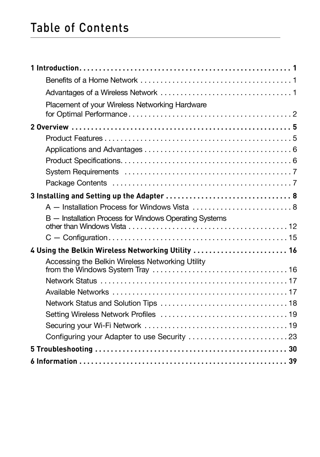 Belkin F5D8073 user manual Table of Contents 