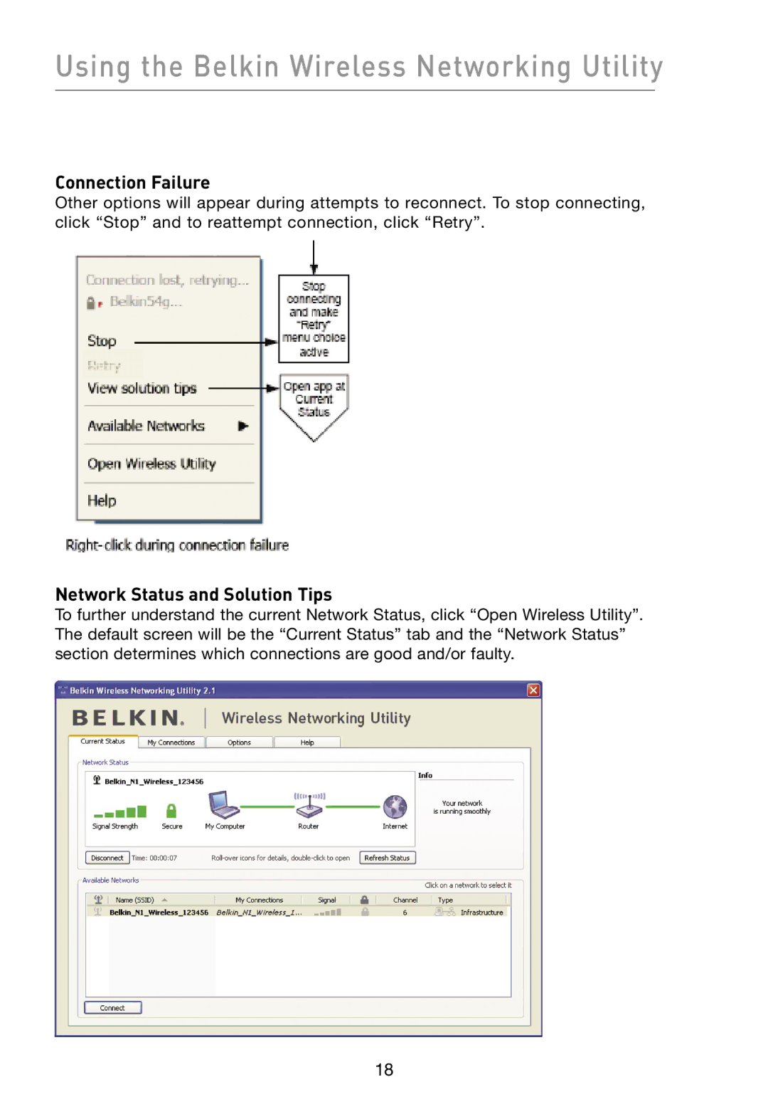 Belkin F5D8073 Using the Belkin Wireless Networking Utility, Connection Failure, Network Status and Solution Tips 