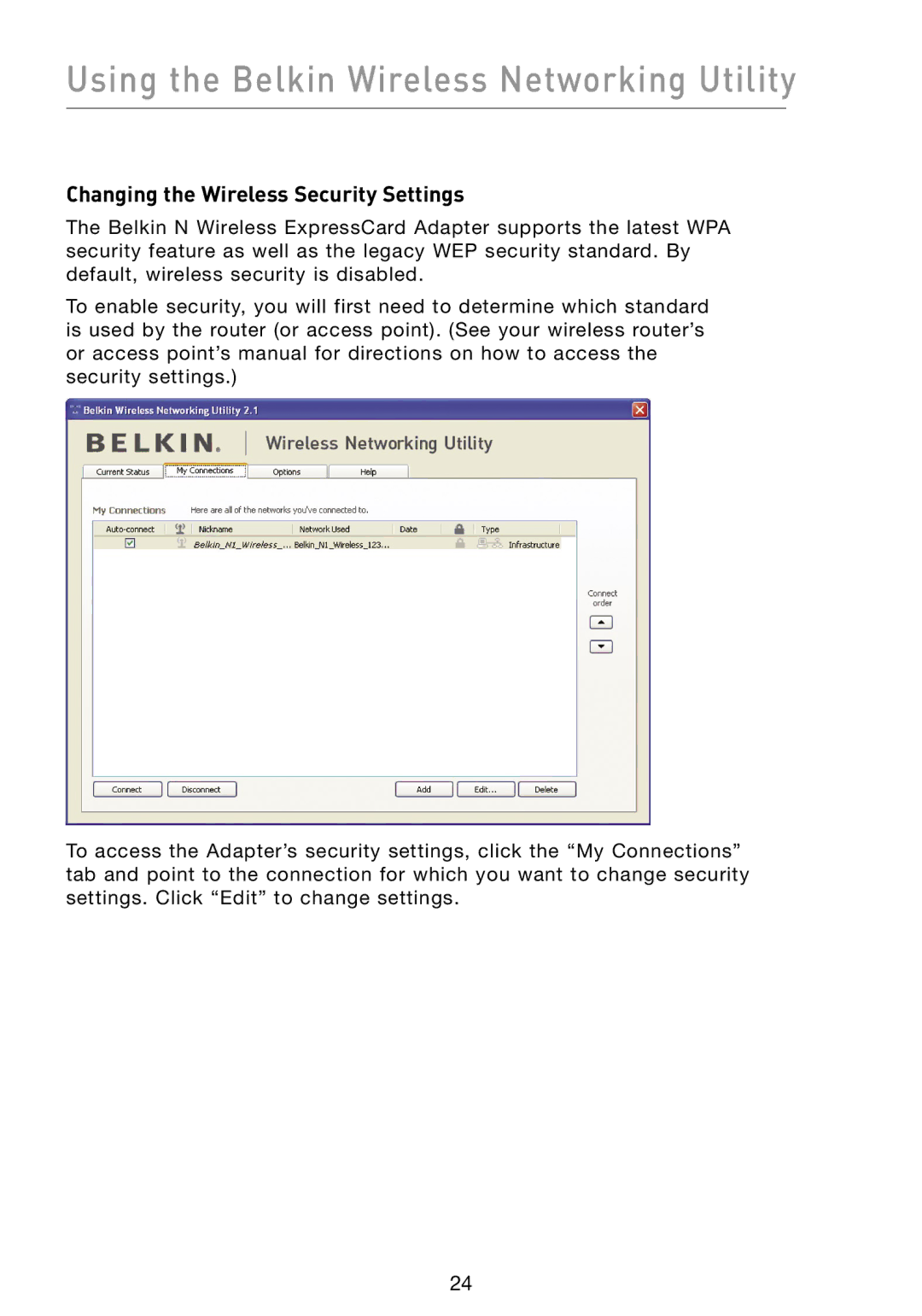 Belkin F5D8073 user manual Changing the Wireless Security Settings 