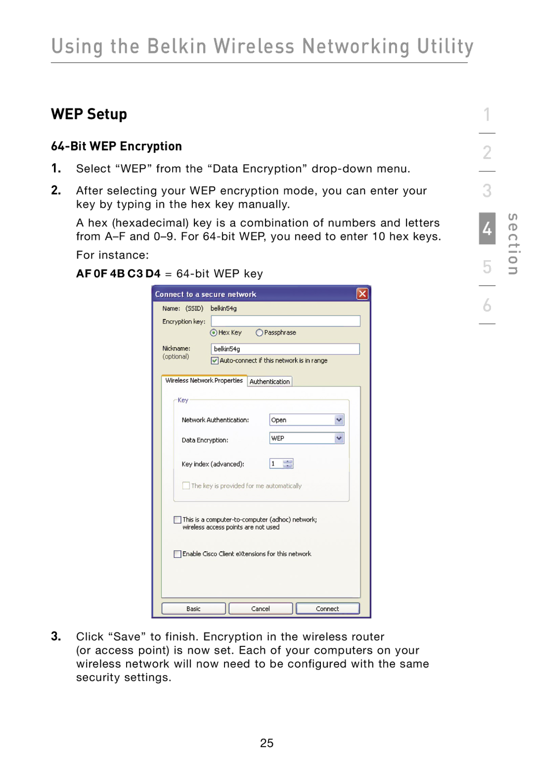 Belkin F5D8073 user manual WEP Setup, Bit WEP Encryption 