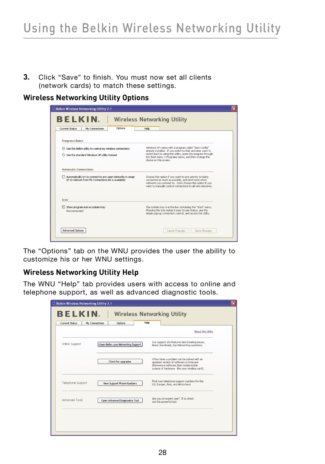 Belkin F5D8073 user manual Wireless Networking Utility Options, Wireless Networking Utility Help 