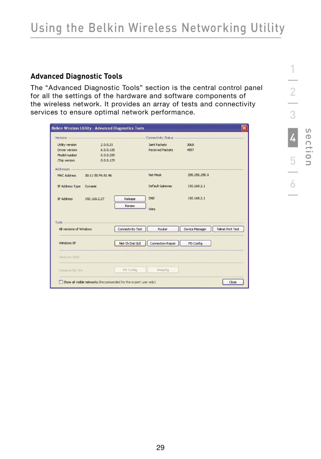 Belkin F5D8073 user manual Advanced Diagnostic Tools 