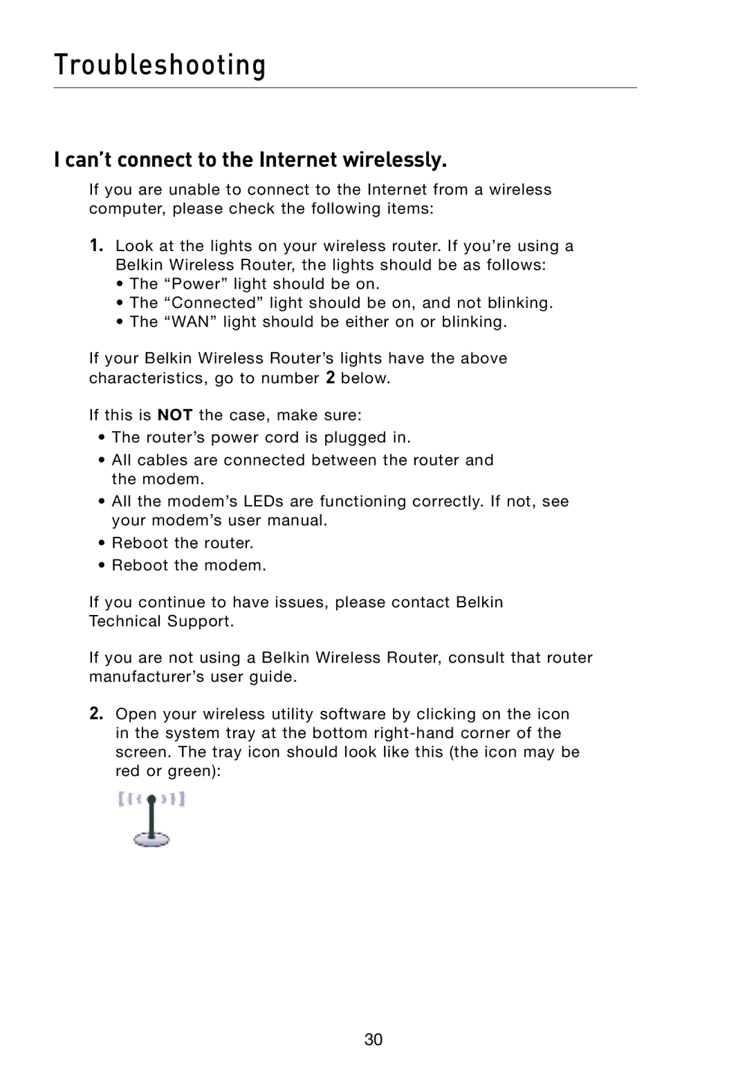 Belkin F5D8073 user manual Troubleshooting, Can’t connect to the Internet wirelessly 